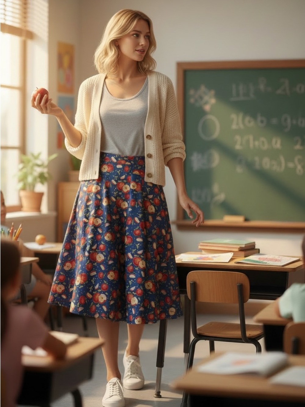 Apple print on Navy midi skirt